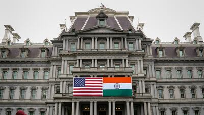 The flags of the US and India are displayed on the Eisenhower Executive Office Building at the White House in Washington, US, on June 21, 2023. Reuters