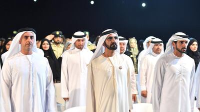 Sheikh Mohammed bin Rashid, Vice President and Ruler of Dubai, Sheikh Saif bin Zayed, Deputy Prime Minister and Minister of Interior, and Sheikh Hamdan bin Mohammed, Crown Prince of Dubai, attend operetta called “My Country” on Wednesday. Wam