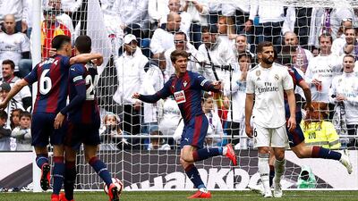Marc Cardona celebrates after scoring the opening goal for Eibar against Real Madrid. Reuters