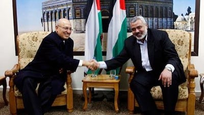 Nabil Shaath, left, a member of Fatah's Central Committee, held talks with Ismail Haniyeh and other senior Hamas leaders in Gaza last week.
