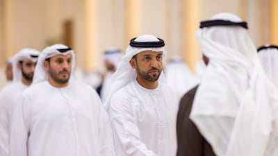 President Sheikh Mohamed receives condolences from Dr Sultan Al Neyadi, Minister of State for Youth Affairs, on the passing of Sheikh Tahnoon bin Mohammed, Ruler's Representative in Al Ain Region, at Al Mushrif Palace. Ryan Carter / UAE Presidential Court