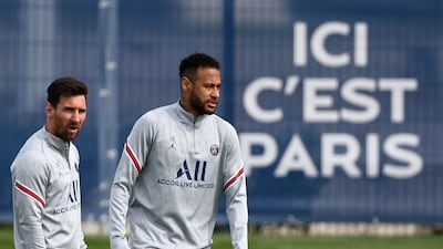 Neymar and Lionel Messi at training. AFP