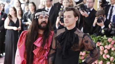 Singer Harry Styles, right, and designer Alessandro Michele arrive at the 2019 Met Gala in New York on May 6. EPA