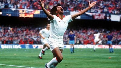 Ruug Gullit celebrates scoring one of his two goals in the European Cup final victory over Steaua Bucharest in 1989. Getty