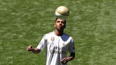 Rodrygo controls a ball during his Real Madrid unveiling. Reuters