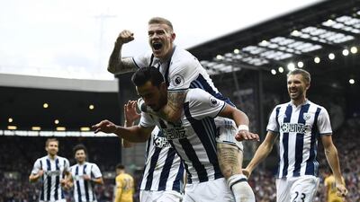 West Bromwich Albion’s Nacer Chadli celebrates scoring their first goal with James McClean. Dylan Martinez / Reuters R