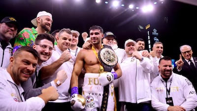 Tommy Fury celebrates with his team and Tyson Fury after winning his fight against Jake Paul. Reuters