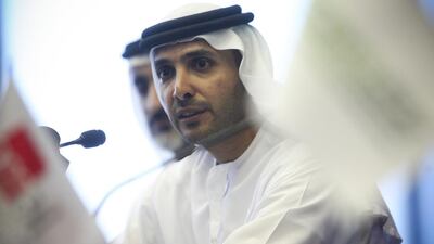 Emirati racer Khaled Al Qubaisi, shown at a news conference on Yas Island on June 12, 2013, will take part in this weekend's 6 Hours of Silverstone. Lee Hoagland / The National