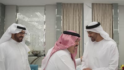 Sheikh Mohammed bin Zayed, Crown Prince of Abu Dhabi and Deputy Supreme Commander of the Armed Forces greets Prince Mansour bin Saud bin Abdulaziz Al Saud, centre, during a reception hosted by King Salman. Mohamed Al Hammadi / Crown Prince Court - Abu Dhabi