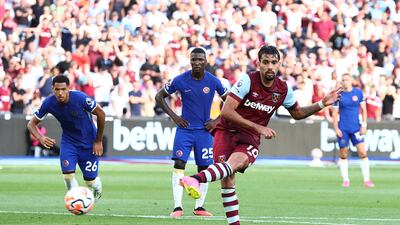 Lucas Paqueta scores from the spot for West Ham. Getty