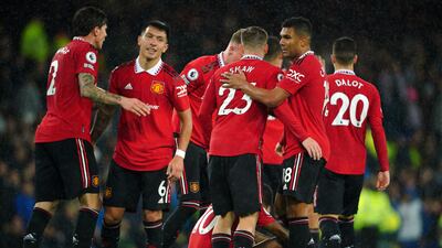 Casemiro (right) and team-mates after the Premier League match at Goodison Park. PA