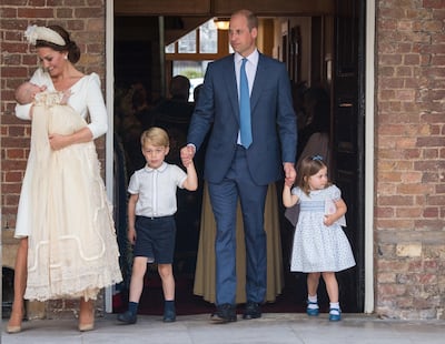 Catherine Duchess of Cambridge and Prince William, Duke of Cambridge with their children Prince George, Princess Charlotte and Prince Louis after Prince Louis' christening at St James's Palace on July 09, 2018 in London, England. EPA