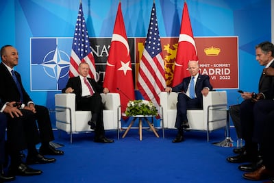US President Joe Biden meets Turkish President Recep Tayyip Erdogan during the Nato summit in Madrid on Wednesday. AP Photo