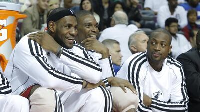 From left: Miami Heat’s LeBron James, Chris Bosh and Dwyane Wade are all playing for new contracts this year. Duane Burleson / AP Photo