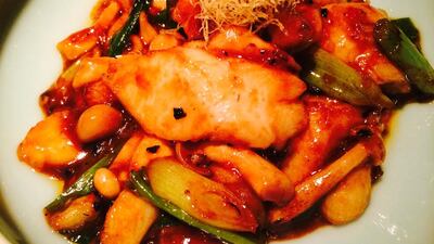 Stir-fry Chilean sea bass with baiyu mushroom and king soy sauce at the iftar at Hakkasan, Emirates Palace in Abu Dhbai. Photo by Stacie Johnson