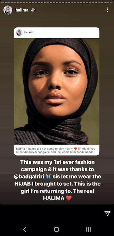 A screenshot of Aden's Instagram Story acknowledging Rihanna's respectful attitude during the Fenty Beauty shoot