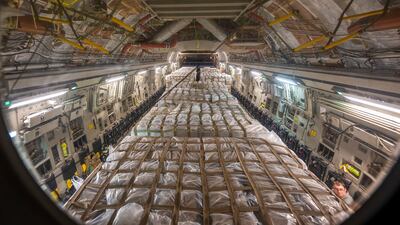 A US Air Force plane packed with pallets of baby formula as part of the operation. US Air Force / EPA