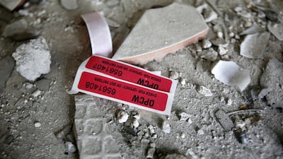 Labels of the Organisation for the Prohibition of Chemical Weapons (OPCW) are seen inside a damaged house in Douma in Damascus, Syria April 23, 2018. Ali Hashisho / Reuters