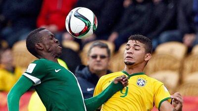 Ifeanyi Ifeanyi, left, of Nigeria and Judivan of Brazil contest the ball during a Fifa Under-20 World Cup 2015 match in New Plymouth, New Zealand, 01 June 2015. EPA/DEAN PEMBERTON
