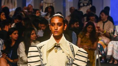 A model presents a creation by Farah Sanjana during Lakme Fashion Week summer/resort 2020 in Mumbai, India, on February 12, 2020. AFP