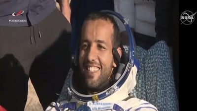 Hazza Al Mansouri is all smiles on landing. Nasa / YouTube screengrab