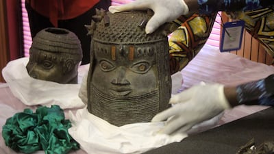 Looted Benin bronzes returned by Germany to Nigeria, at the handing over ceremony in Nigerian capital Abuja. AP