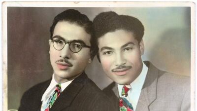 Hand-coloured portrait of Hussein and Ahmed Assad by Anis el Soussi in Lebanon, January 1, 1946, gelatin silver developing-out paper print (recto-verso). Fahime Zeidan Collection, courtesy of the Arab Image Foundation