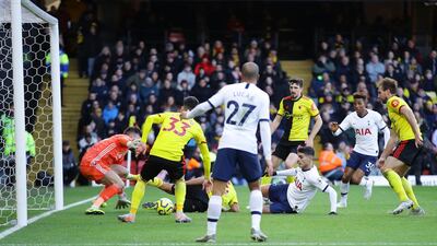 Erik Lamela's goal-bound shot about to get cleared off the line by Watford substitute Ignacio Pussetto. Getty Images
