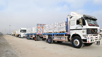 Lorries carrying supplies for Gaza from the UAE enter through the Rafah border crossing from Egypt. Wam