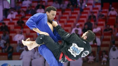 Faisal Al Ketbi, left, during his victory over Thabet Al Tahe at the Abu Dhabi World Professional Jiu-Jitsu Championship on Friday. Ravindranath K / The National