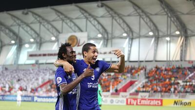 Al Nasr goalscorers Jonathan Pitropia, left, and Wanderley, celebrate after the former put the Dubai club 2-0 ahead against Qatar's El Jaish in the first leg of their Asian Champions League quarter-final on Wednesday, August 24, 2016. Courtesy Al Nasr FC