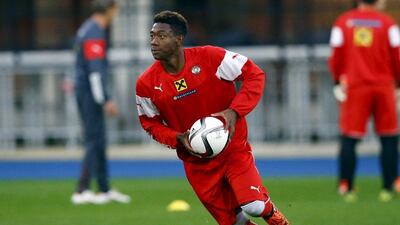 Austria's David Alaba runs with the ball during a training session on Wednesday ahead of his team's match against Montenegro on Friday in Euro 2016 qualifying. Leonhard Foeger / Reuters