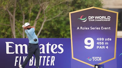 Jon Rahm tees off on the ninth hole during the Pro-Am ahead of the DP World Tour Championship. Getty Images