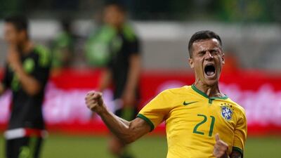 Brazil’s Philippe Coutinho celebrates after scoring against Mexico during a friendly match in Sao Paulo, Brazil, June 7, 2015. REUTERS/Paulo Whitaker