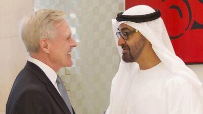 Sheikh Mohammed bin Zayed, Crown Prince of Abu Dhabi and Deputy Supreme Commander of the Armed Forces, meets Ray Mabus, the secretary of the US Navy at the Al Mamoura Palace in Abu Dhabi. Courtesy Wam