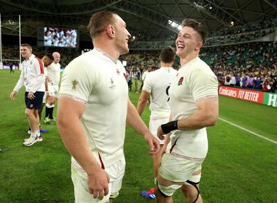 England's in-form duo Tom Curry, right, and Sam Underhill after their quarter-final win over Australia on Saturday. Getty