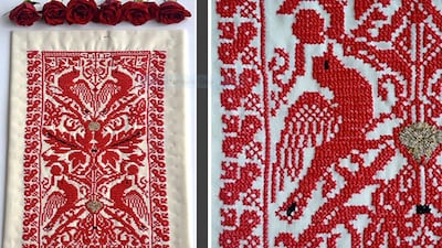 The Mother and the Daughter-in-Law. At the bottom of this tapestry, two birds, representing a mother and her daughter-in-law, face each other in harmony. Further up, however, a second image shows the birds with their backs turned to illustrate subsequent conflict in the family. Photography by Wafa Ghnaim, from "Tatreez & Tea: Embroidery and Storytelling in the Palestinian Diaspora