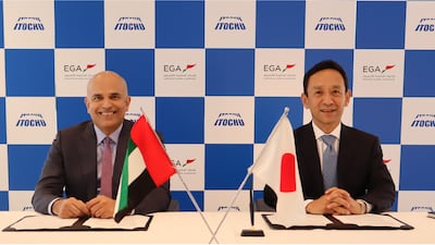 Abdulnasser bin Kalban, chief executive of Emirates Global Aluminium, and Kenji Seto, executive officer and president for metals and minerals of Itochu, at the signing of their new partnership. Photo: EGA