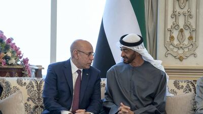 Sheikh Mohamed bin Zayed, Crown Prince of Abu Dhabi, with Mauritania's President Mohamed Ould Ghazouani. Rashed Al Mansoori / Ministry of Presidential Affairs