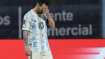 Lionel Messi reacts during the 2022 World Cup qualifier between Chile and Argentina. EPA