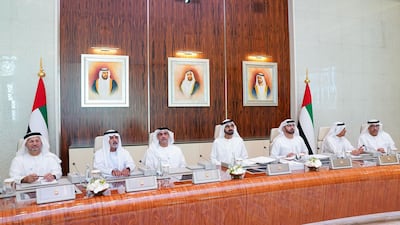 L-R: Dr Anwar Gargash, Minister of State for Foreign Affairs, Sheikh Nahyan bin Mubarak, Minister of Sate for Tolerance, Sheikh Saif bin Zayed, Sheikh Mohammed bin Rashid, Mohammed Al Gergwawi, attend a cabinet meeting. Wam