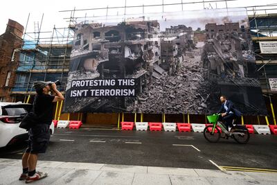 A protest banner appears opposite the headquarters of the Labour Party in London. Getty Images