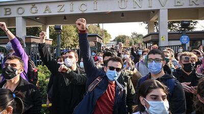 Students protest against the appointment of the new rector to Bogazici University. AFP