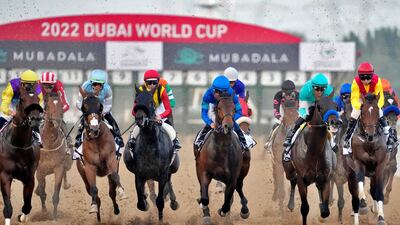 Horses with jockeys race into the first turn in Group 2 UAE Derby over 1900m (9. 5 furlongs) at Meydan Racecourse in Dubai, on March 26. AP