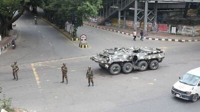 Soldiers stand guard on a street during a curfew in Dhaka, Bangladesh. Police have been authorised to enforce 'shoot on sight' orders amid student-led protests demanding reforms to the government's job quota system. EPA