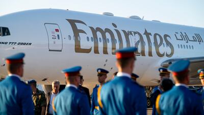 The plane carrying Sheikh Mohamed and a UAE delegation arrives in the Serbian capital
