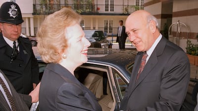 South African President FW de Klerk bids farewell to British Prime Minister Margaret Thatcher after private talks in London, April 23, 1991. AP Photo