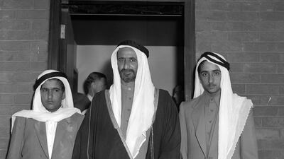 Sheikh Rashid and his sons Sheikh Hamdan, left, and Sheikh Maktoum, right, at London Airport after arriving for a visit as guests of the British government, 1959. Photo: Getty Images