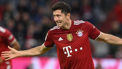 Bayern Munich's Polish forward Robert Lewandowski celebrates the fifth goal. AFP
