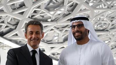 Mohammed Al Mubarak, Chairman of Abu Dhabi Tourism & Culture Authority welcomes Nicolas Sarkozy, former French president for a tour of the Louvre Abu Dhabi's construction site on Wednesday. Courtesy TDIC